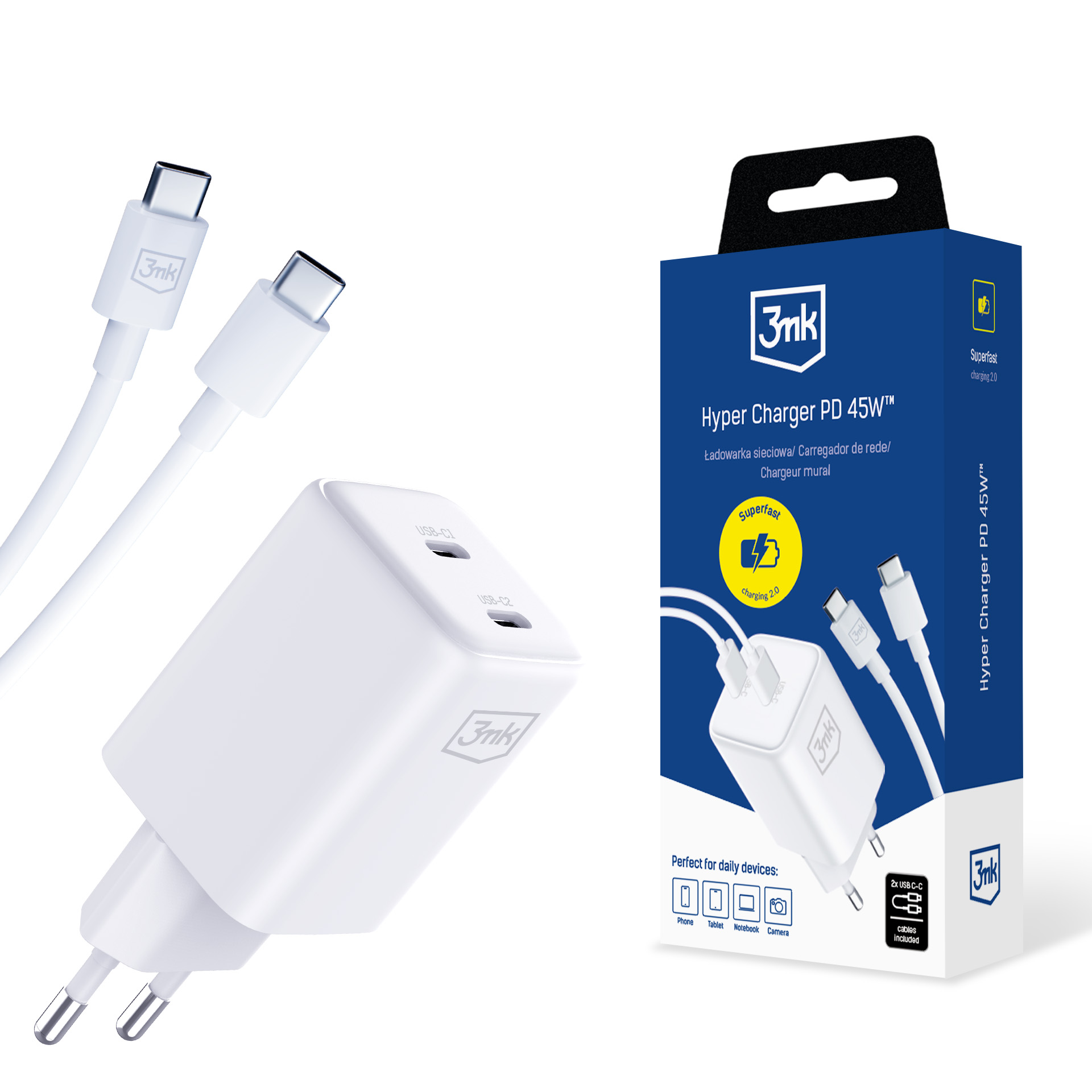 Hyper Charger PD 45W+USB Cable C to C White